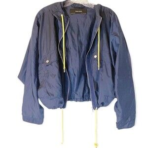 Zara Basic Navy Blue Casual Loose Lightweight Jacket w/ Yellow Drawstrings